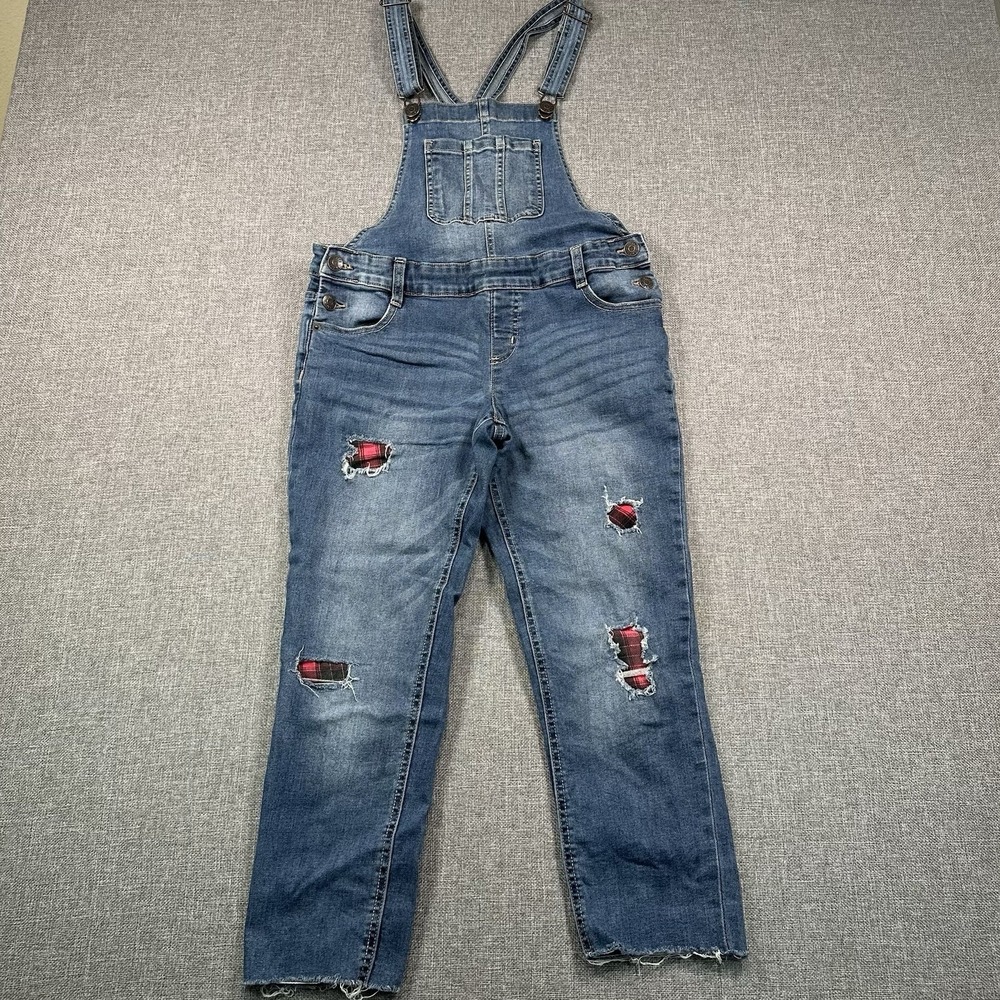 Justice Distressed Denim Overalls With Plaid Patches Size 14